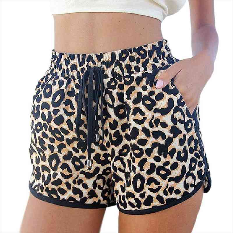 

Womens Shorts Fashion Summer High Quality Beach Party Leopard Print Women Elastic Drawstring Shorts Pantalones Cortos De Mujer, White;black