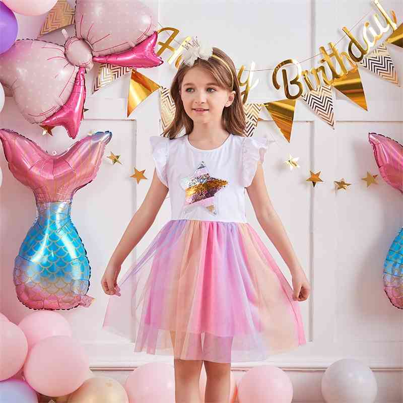 

girls' summer dress children's bright five pointed star short sleeve princess skirt, White