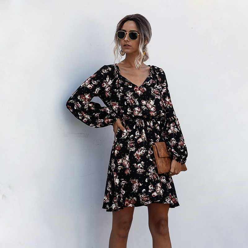 

2021 New Women Autumn v Neck Floral Print Casual Long Lantern Sleeve Drawstring Lady Boho Elastic Waist a Line Party Vestidos Hv7u, White