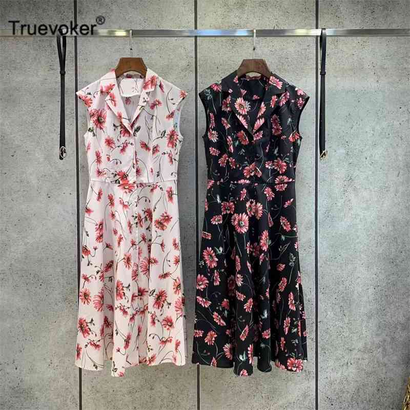

Truevoker Lady Summer 100% Cotton Dres Sleeveless Floral Print Casual Mid Calf Length Tank Mujer Robe 210602, Black