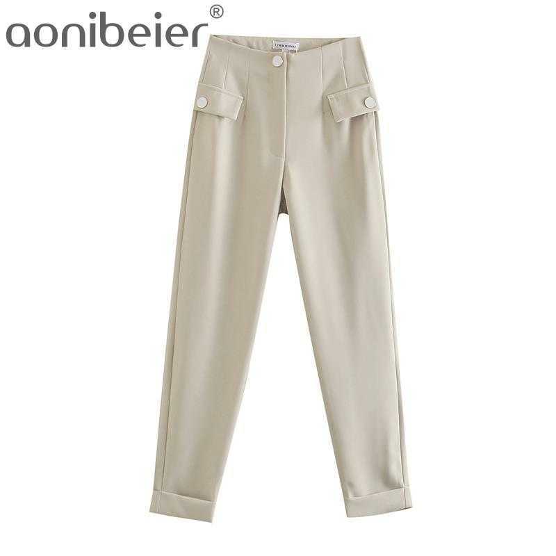 

Spring Women Ankle-Length Solid Trouser High Waist Straight Pantalon Female Pants Zipper Pockets 210604, Cream