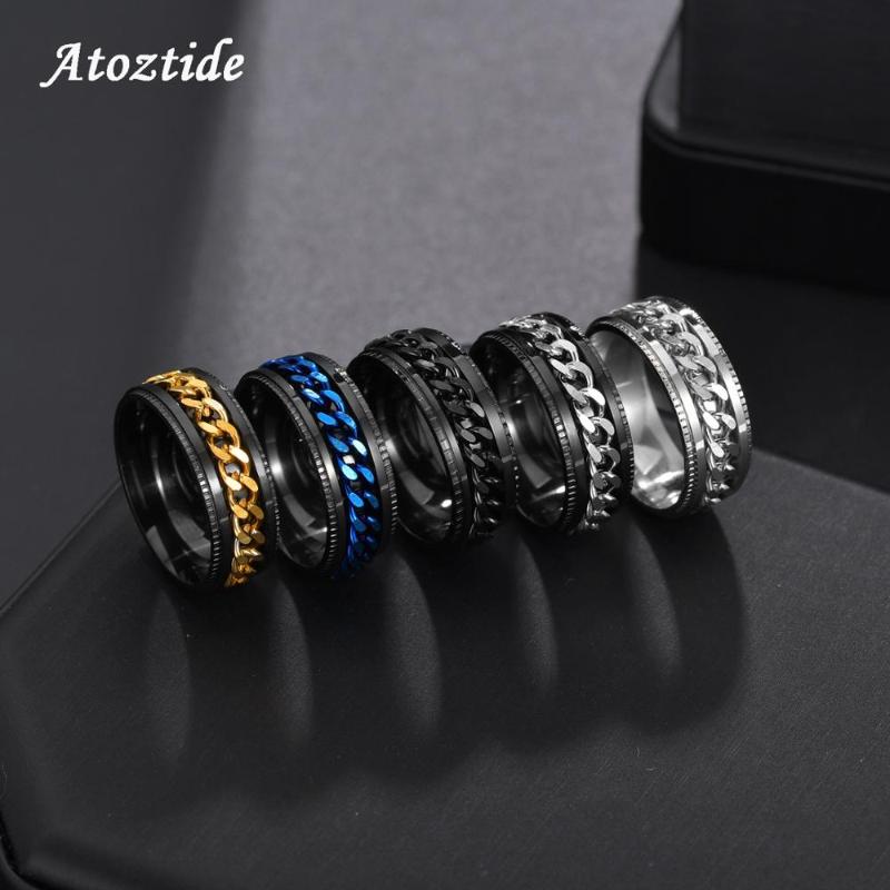 

Cluster Rings Atoztide Titanium Steel Men Spinner Chain Ring Punk Rock Gold Silver Color Rotatable For Women Accessories Gift, Golden;silver
