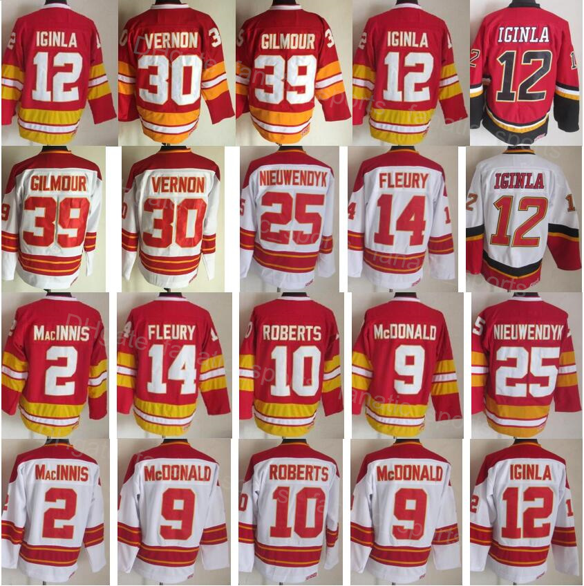 

Retro Hockey Vintage 9 Lanny McDonald Jersey 10 Gary Roberts 14 Theoren Fleury 25 Joe Nieuwendyk 30 Mike Vernon 39 Doug Gilmour 12 Jarome Iginla 2 Al Macinnis HuoYan, 2 red