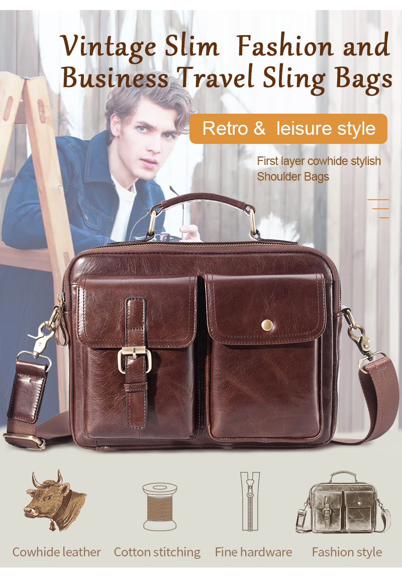 

Cowhide Leather Messenger Bag Men Genuine Leather Handbag Male Travel Pad Shoulder for Men Office Totes, Brown