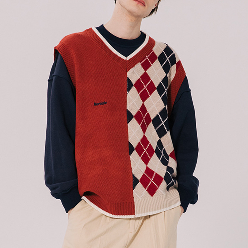 

2021 Vintage Color Block Plaid Preppy Style Woman Sweater Vest V-neck Sleeveless Tank Tops Autumn New Design Loose Bf Teens Girl Oz4e, Khaki