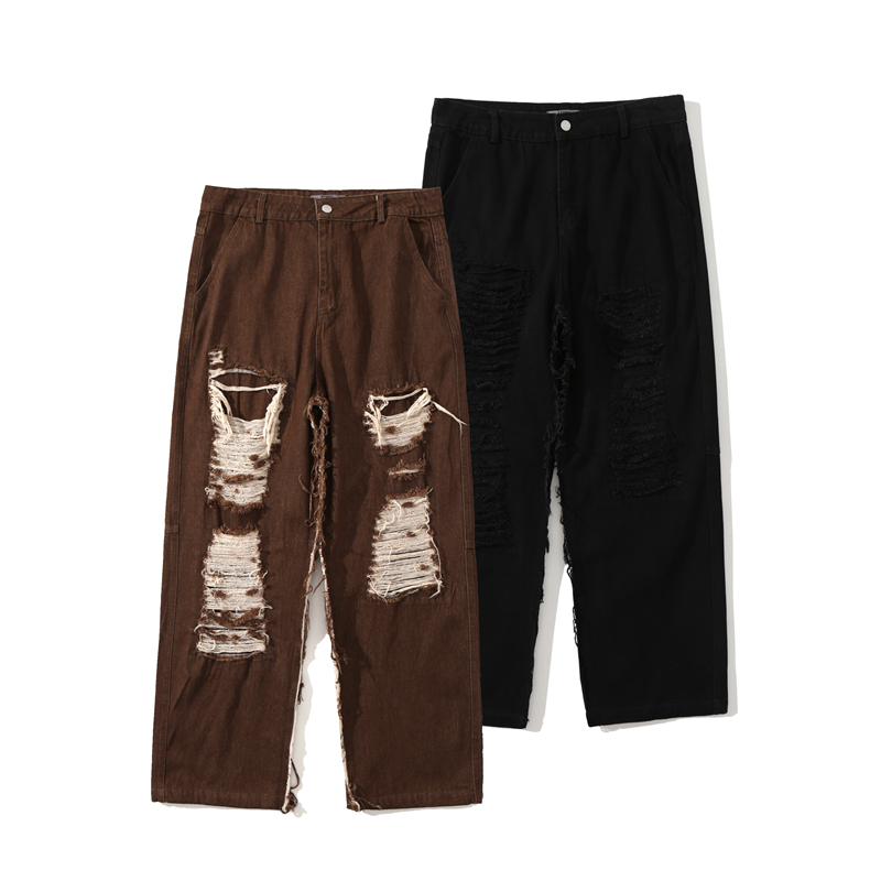 

Retro Hole Washed Straight Jeans Pants Men and Women Wide Leg Oversize High Street Baggy Casual Denim Trousers, Black