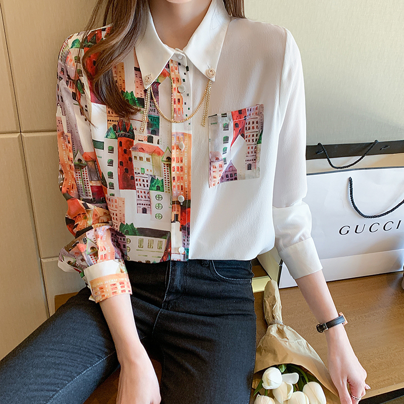 

female fashion chiffon new shirt printed temper long sleeve loose white mulberry silk jx23, Black;gray