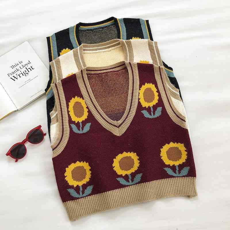 

Spring Autumn Sweater Vest Women Vintage Sun Flower Korean Sleeveless Pullover Crop Top Woman Streetwear Waistcoat 210602, White