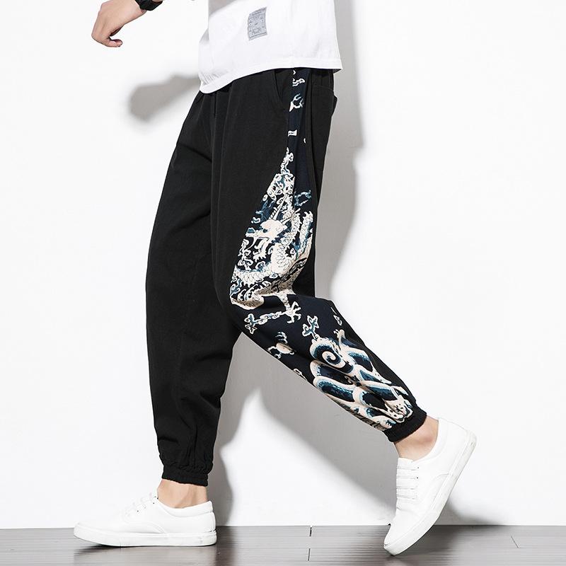 

Men's Cotton Harem Pants Print Elastic Waist Soft Long Trousers Streetwear Hip Hop Chinese Style Loose Men Casual Pants P0214, Black