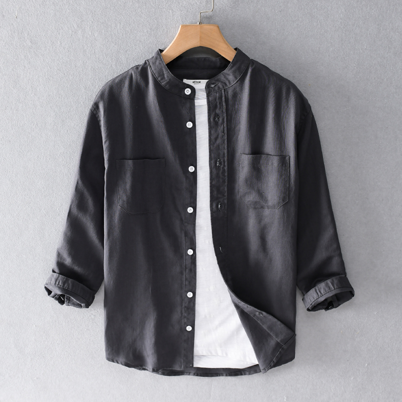

2021 Cotton and Linen Summer New Style Brand Three-quarter Sleeved Shirts for Men Fashion Stand Collar Shirt Mens Overhemd 3es5, White