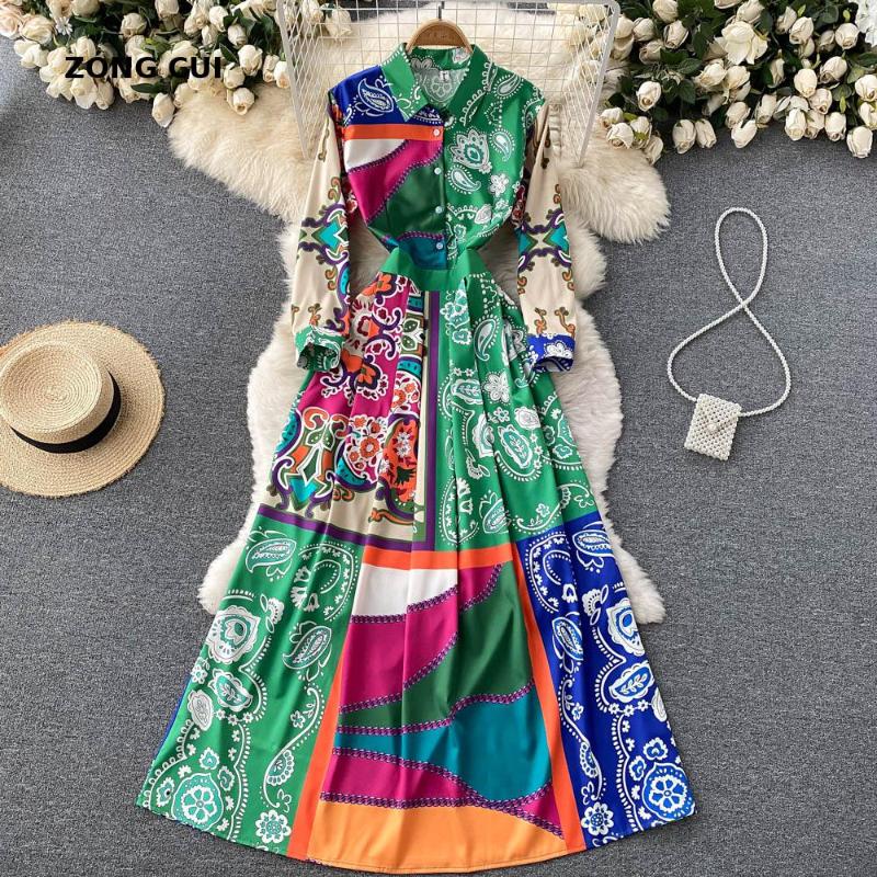 

Casual Dresses Autumn Women Dress 2021 Ladies Turn Down Collar Long Sleeve Button Retro Print Elegant Ankle Length Temperament Boho, Black;gray