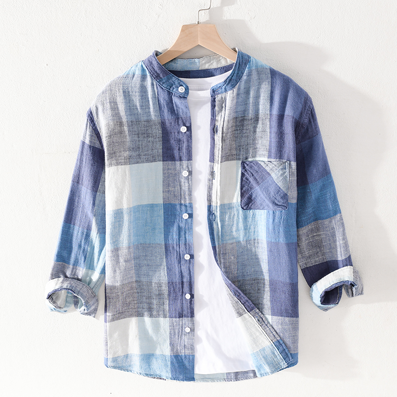 

2021 New Stand Collar Three-quarter Sleeved Linen Plaid Shirts Brand Fashion Summer for Men Casual Breathable Shirt Mens Camisa Agn8, Blue