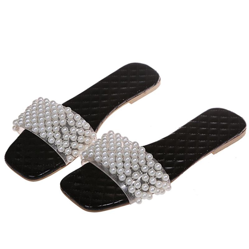 

Slippers Women's Slip-on Flat Simple Light Summer Ladies' With Open-toed Pearls For Casual Beach Shoes #, Black