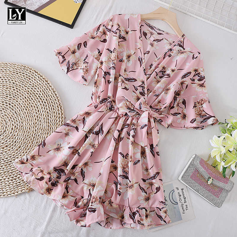 

LY VAREY LIN Summer Women Casual Loose V-neck Bandage Ruffles Vintage Jumpsuits Beach Style Flora High Waist Shorts 210526, Pink