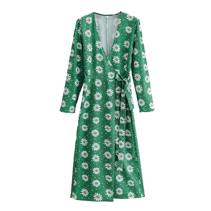 

Summer Women Sexy Dress Deep V-neck Printed Female Long Sleeve Floral printed Green long dresses 210524