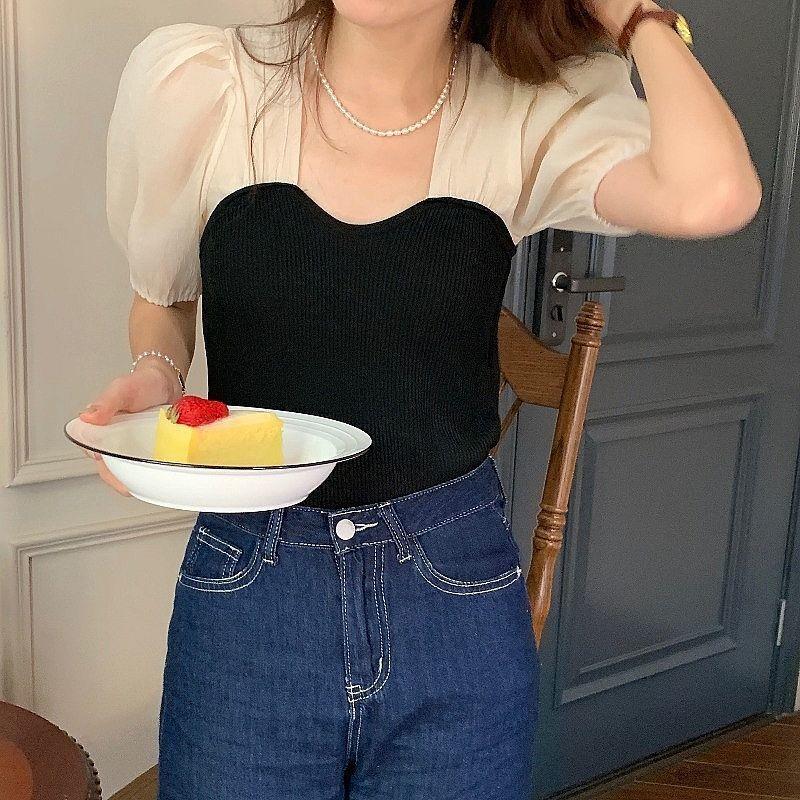 

Women' Blouses & Shirts Summer Casual Knitting Blouse Tops For Women French Puff Sleeve Patchwork Sweet Shirt Slim Beach Outing Kawaii 2021, Green