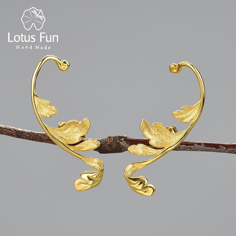

Stud Lotus Fun Luxury 925 Sterling Silver Classical Pattern Acanthus Leaf Unusual Design Earrings For Women 18K Gold Jewelry, Golden;silver