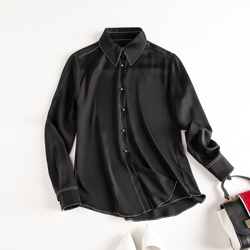 

23 mm women's long sleeve 2021 spring and autumn new double Qiao Satin contrast color shirt mulberry silk top, White;black