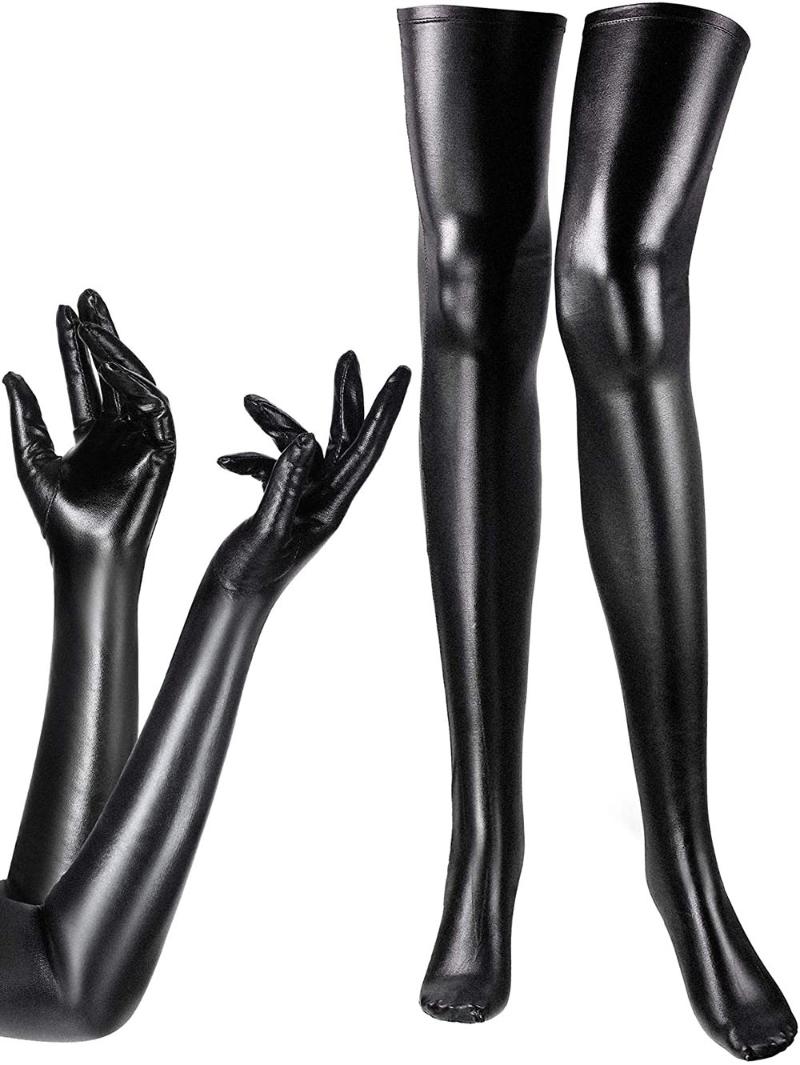 

Elbow & Knee Pads Women's Costume Set Elastic Spandex Shiny Wet Long Gloves And Look Thigh High Stockings, Black