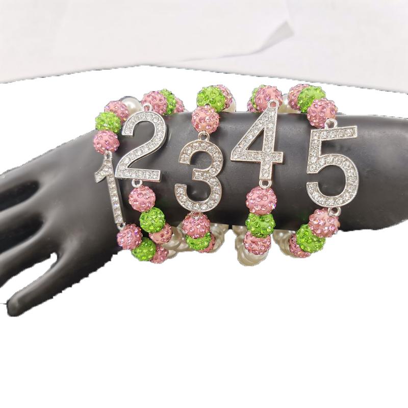 

Beaded, Strands Style Hand Made Elastic Greek Sorority Pink Green String Initial Number Rhinestone Disco Ball Charm Bracelet Jewelry