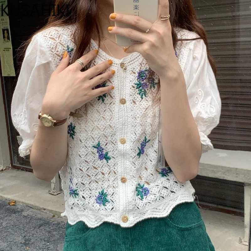 

Summer Lace Hook Women Tops Floral Embroidery Patchwork Puff Sleeve Shirt Fashion Blouse Feminimos 6H241 210603, Apricot
