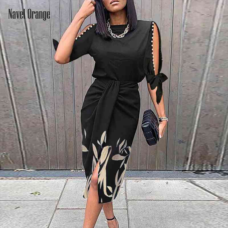 

summer short sleeve hollow out womens dresses bow party slim o neck slit printed ladies plus size streetwear dropshipping, Black;gray