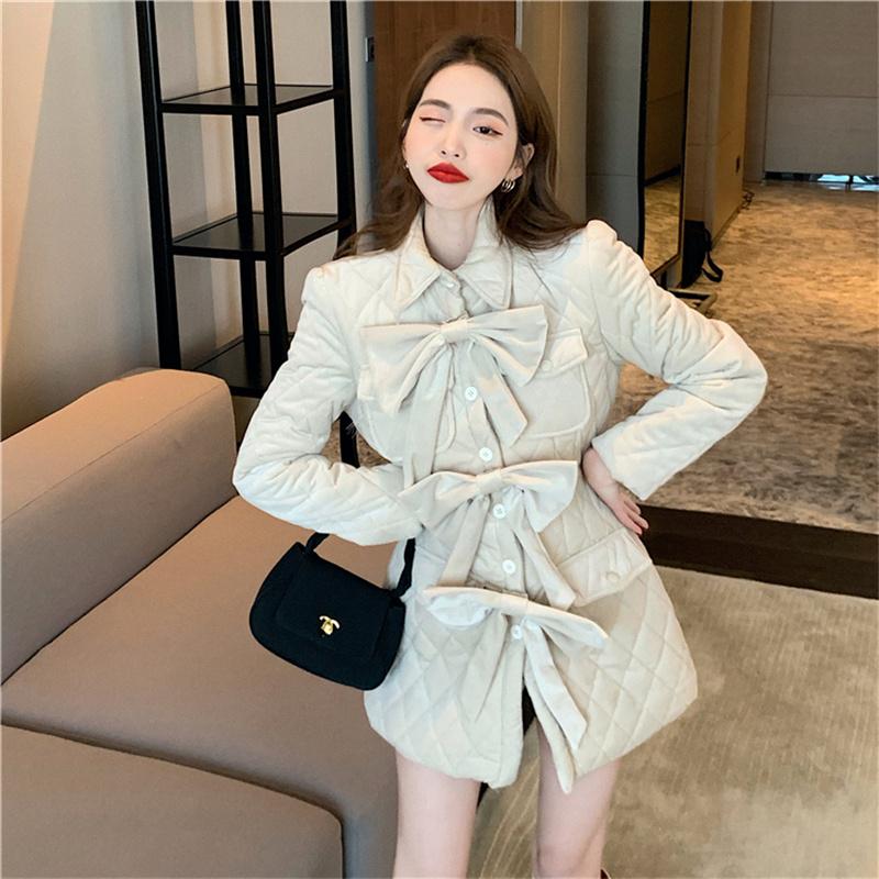 

Women's Jackets Temperament Design Sense Bowknot Cotton Dress Diamond Lattice After Winter Split Jacket Female Trend, Black;brown