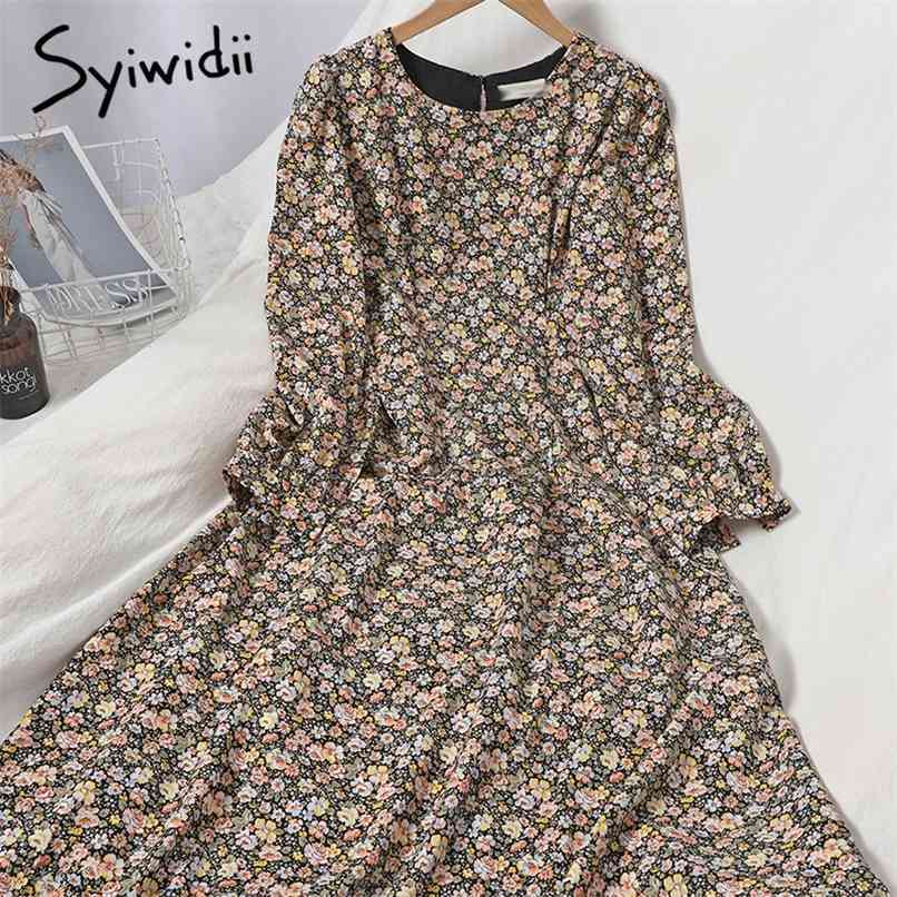 

Fashion Floral Print High Waist Dresses Women Zipper Bow Lace Up Long Sleeve O-Neck A-line Clothing Spring Korean 210607, Purple