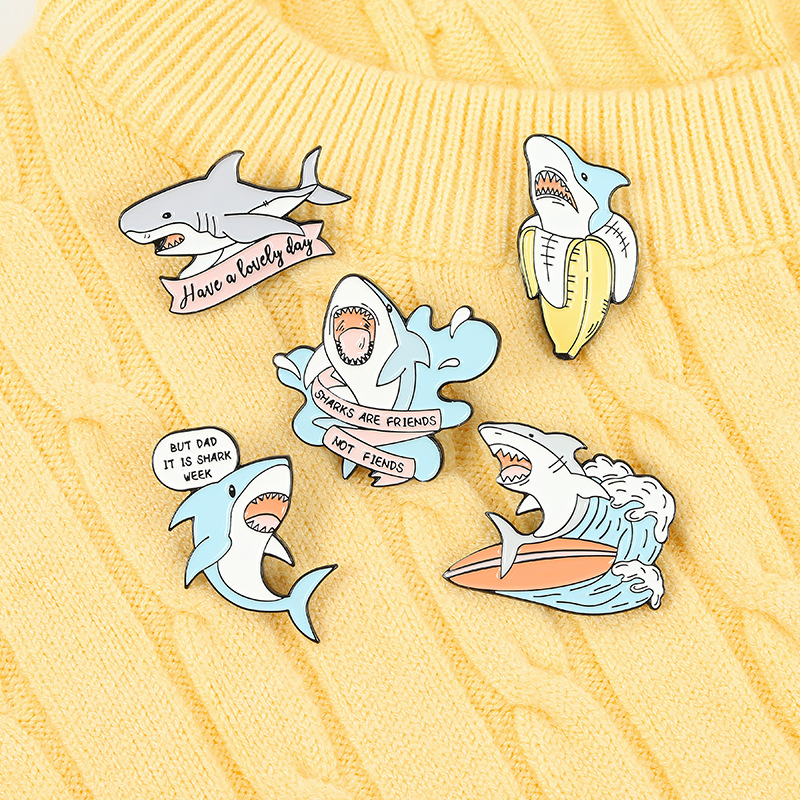 

20pcs/Lot Student Cute Sharks Brooches Banana Wave Drip Oil Cowboy Badge For Clothing Dress Pin Unisex Cartoon Animal Fashion Accessories