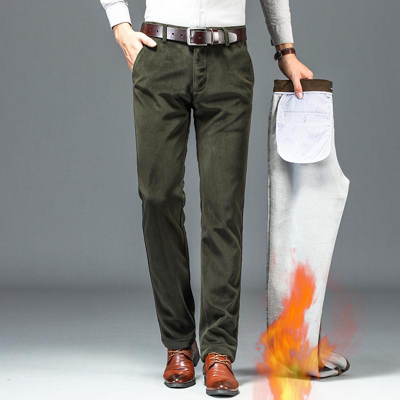 Men's Slim Fit Corduroy Business Pants Straight Trousers Thick Fleece Lined Warm