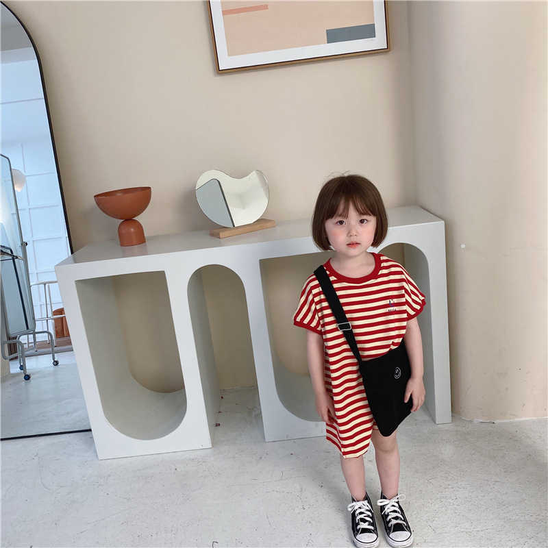 

Summer fashion girls striped short sleeve straight dress Korean style cotton loose children dresses 210615, Red