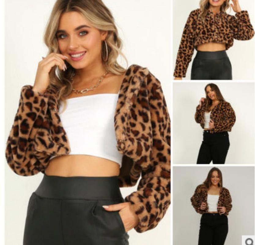 

Women's Fur & Faux Women Plush Jacket Autumn And Winter Stand-up Collar Sexy Hipster Leopard Print Long-sleeved Short Dark-button Cardigan T, Black