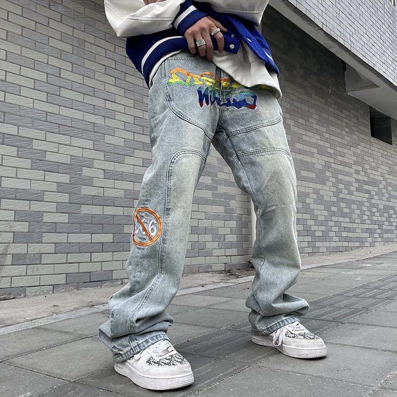 

2021 New Hip-hop Raiow Alphabet Embroidery Jeans Mens Washed Distressed High Street Retro Denim Trousers Straight Loose Casual Pants Aici, Blue