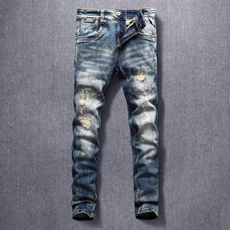 

Italian Style Fashion Men Jeans High Quality Slim Fit Patchwork Hip Hop Ripped Denim Pants Retro Vintage Designer Long Trousers, Retro black blue