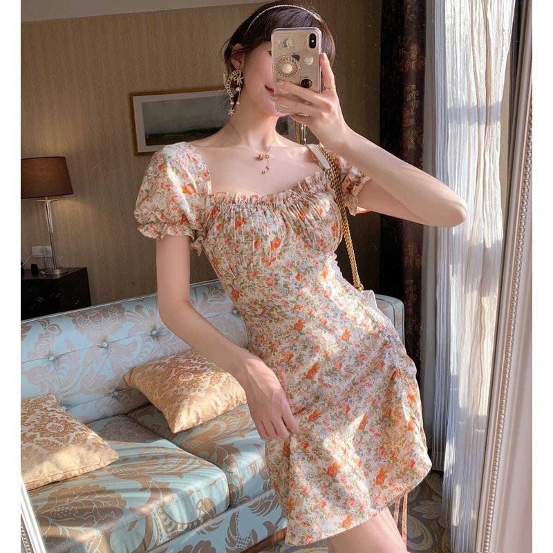 

2021 New Summer Floral Women French Sleeve Chiffon Party Casual Korean Style Clothes Vintage Retro Ssh7, Yellow-short