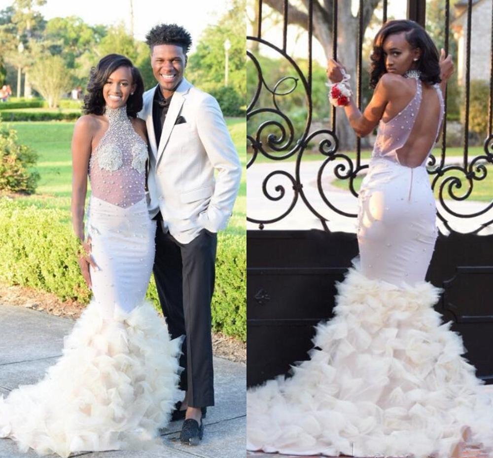 

2021 New Luxury Prom African Evening Gowns Sexy Halter Sleeveless Backless Mermaid Bead Ruffles Skirt Formal Party Robes De Sories Q2km