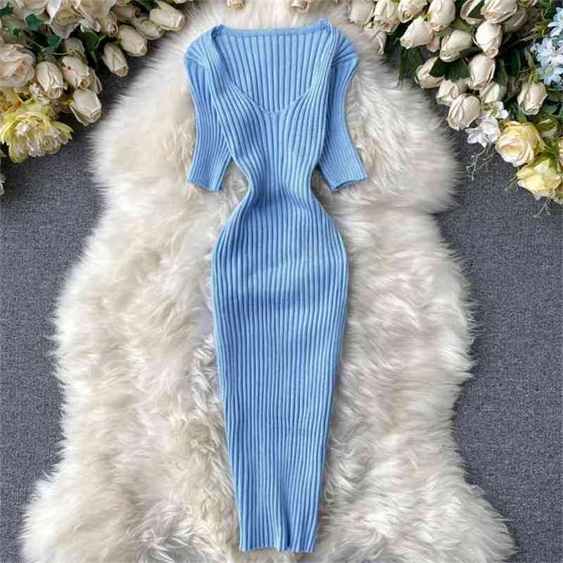 

Spring Summer Gown Sweater Dress Women Slim V Neck Short Sleeve Bodycon es Elegant Ladies Sexy Knit Kneet Robe 210525