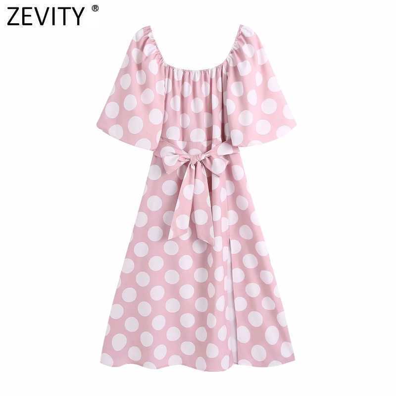 

Zevity Women Elegant Lantern Sleeve Polka Dots Print Bow Sashes Pink Midi Dress Femme Chic Sweet Split Party Vestido DS5048 210603, As pic ds5048bb
