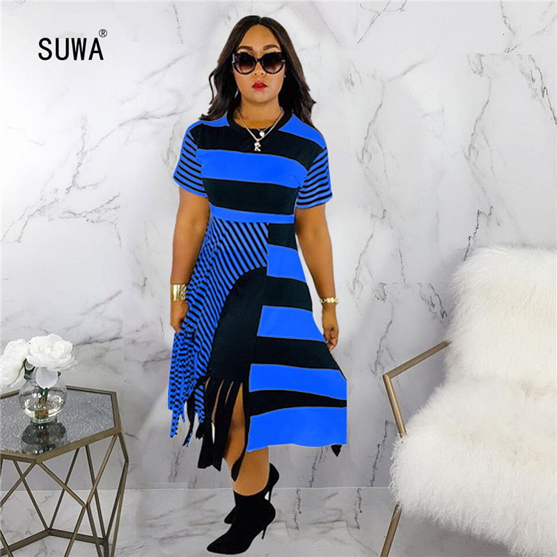 

2021 New Plus Size Africa Fashion Striped Design Lady Slim Short Sleeve Summer High Waist Sexy Tassel A-line 4sz6, Red