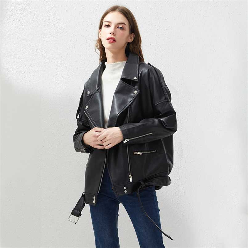 

Fitaylor PU Faux Leather Jacket Women Loose Sashes Casual Biker Jackets Outwear Female Tops BF Style Black Leather Jacket Coat 211110