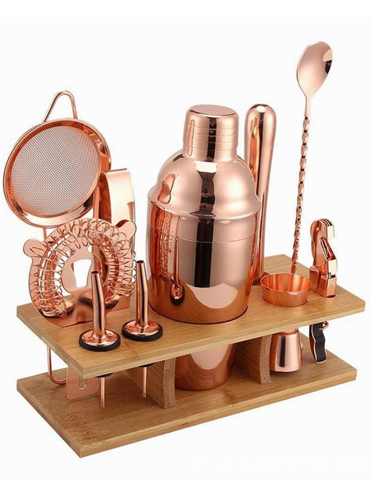 

Electroplating Rose Gold Stainless Steel Bartender Kit Cocktail Shaker Stainless Steel Shaker Wooden Stand 11 Piece Set L0308
