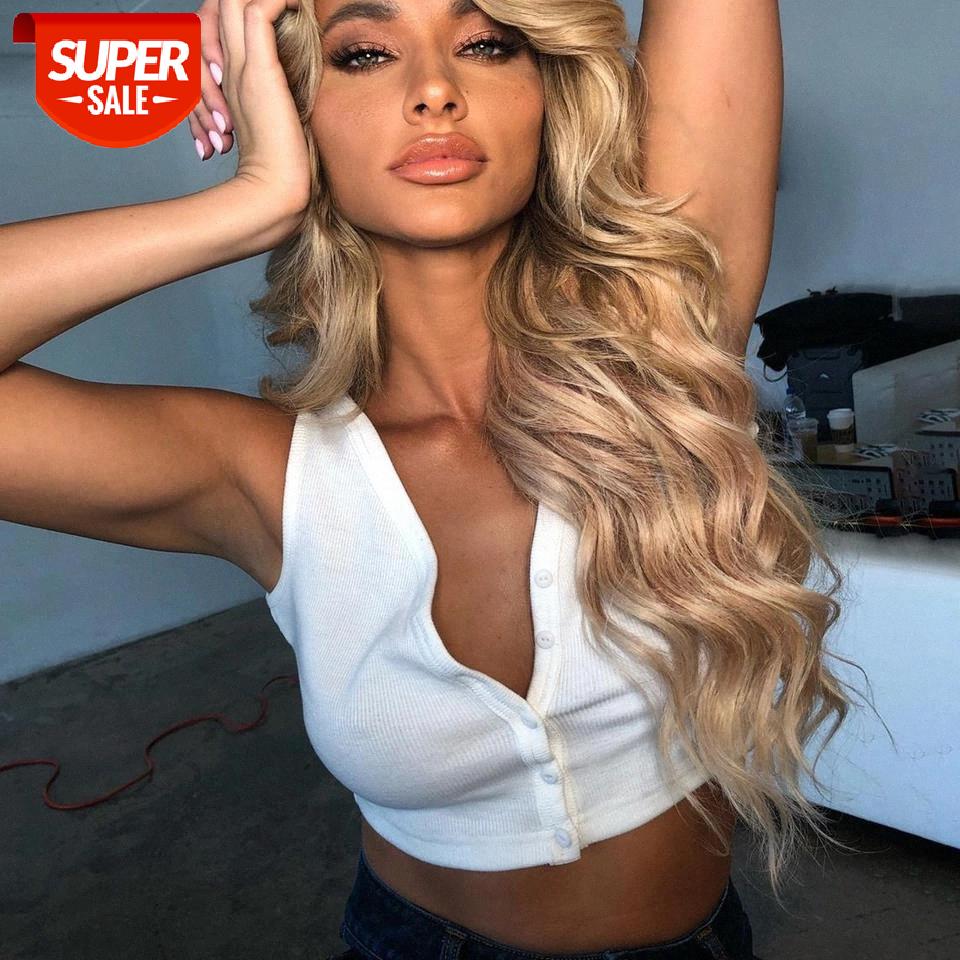 

WannaThis White V-Neck Sleeveless Crop Tops Women Sexy Front Button Off Shoulder Tank Top Summer New Streetwear Cotton Elastic #yi0Q