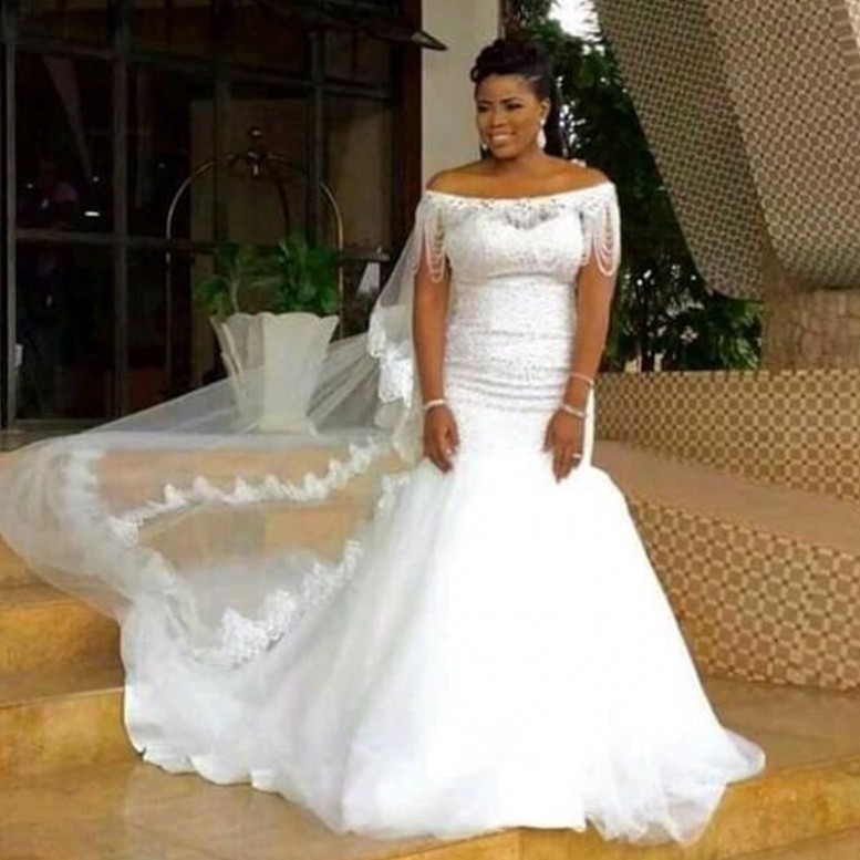 

New African Bride Mermaid Wedding Es 2021 Offer Shoulder Tassel Soft Tulle Long Train Elegant Bridal Gowns Vestidos De Novia 7ond, Ivory