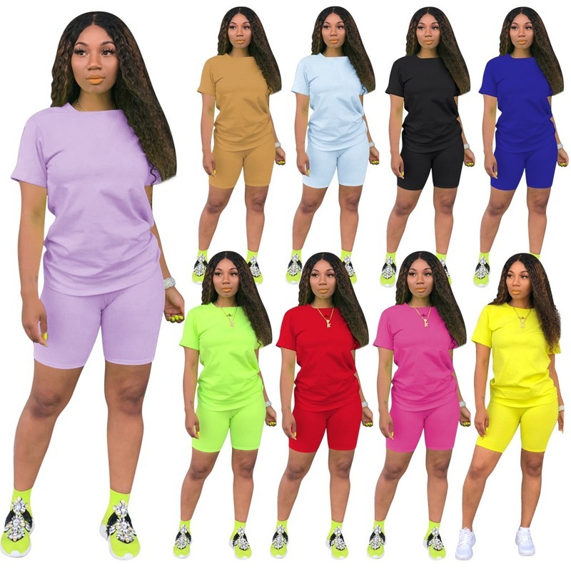 

2021 New Sports Suits for Women 2 Woman Solid Color Plus Size Tracksuits Short Sleeves T-shirt and Casual Shorts Two Piece Set Twex, Apricot