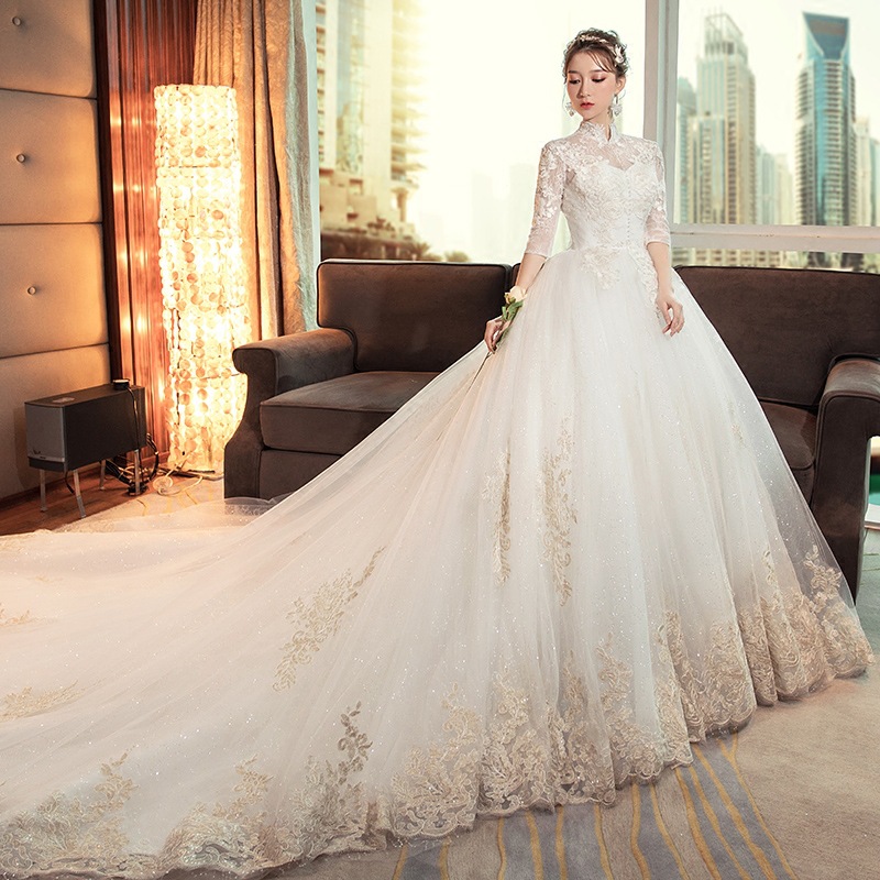 

Wedding dress 2022 new Hepburn bride wedding stand collar retro long tail female princess, White