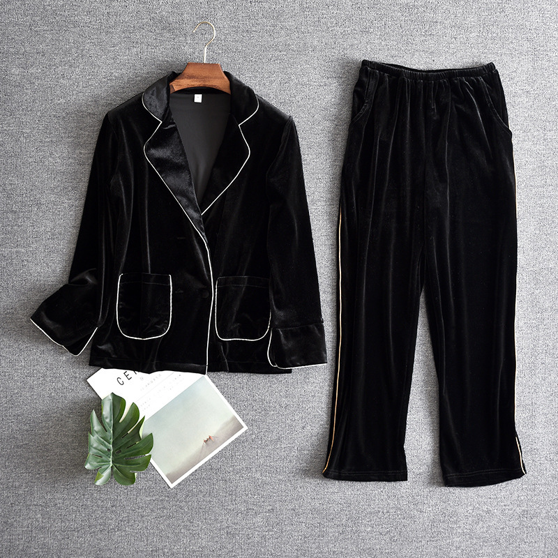 

Lady Black 2pcs Boot Pajamas Turkey Her Neck Shirt & Whistle Nightwear a Pocket Housework Autumn Dress Kx4t