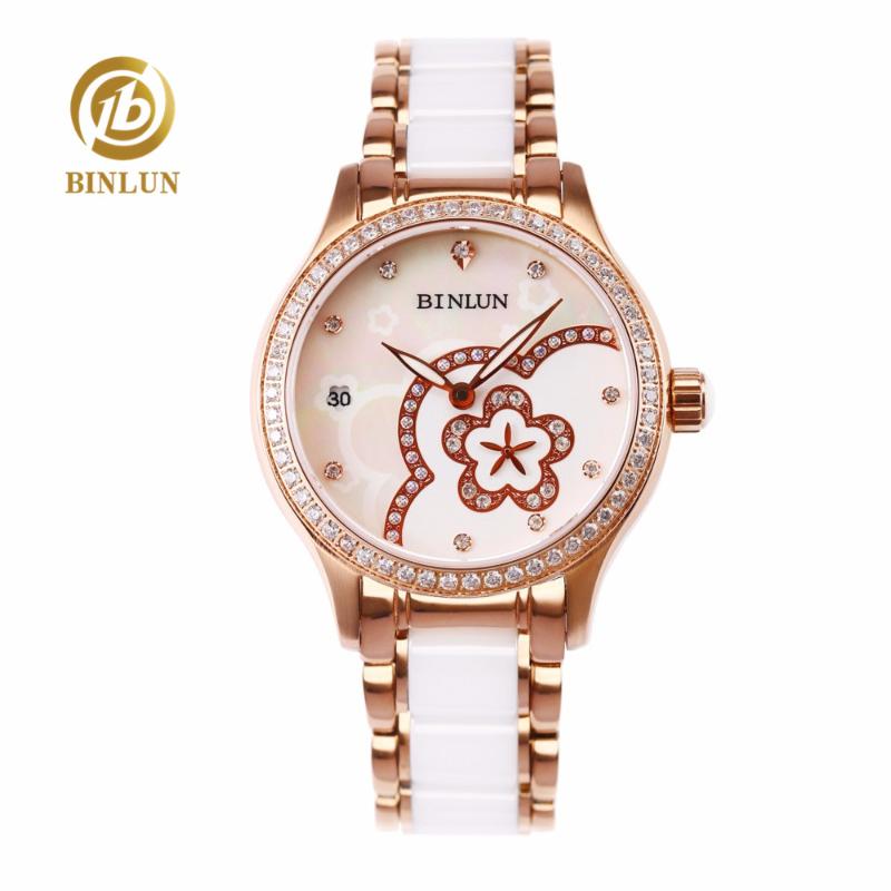 

Wristwatches BINLUN Luxury Carved Watches For Women Flower Dial Lady's Automatic Mechanical Watch With Ceramic Band Diamond Decoration Casua, Gold