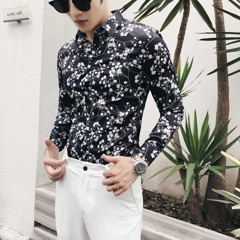 

Hawaiian Shirt Men Slim Fit Shirt Long Sleeve Shirts Fashion Flower Print Casual Dress Shirts Streetwear Camisa 210527, Black