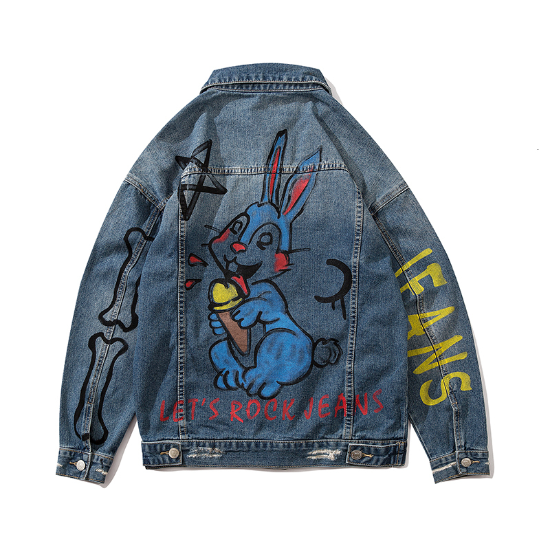 

2021 New Harajuku Cartton Graffiti Streetwear Jeans Men Lapel Frayed Washed Retro Oversize Casual Denim Coat Hip Hop Loose Bomber Jacket Mai, Blue