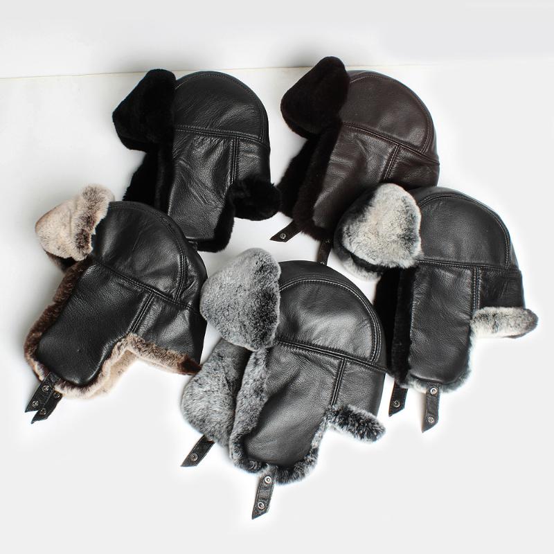 

Berets Winter Women Natural Rex Fur Bomber Hat Warm Thick Real Sheepskin Ushanka Hats 100%Genuine Caps, Grey